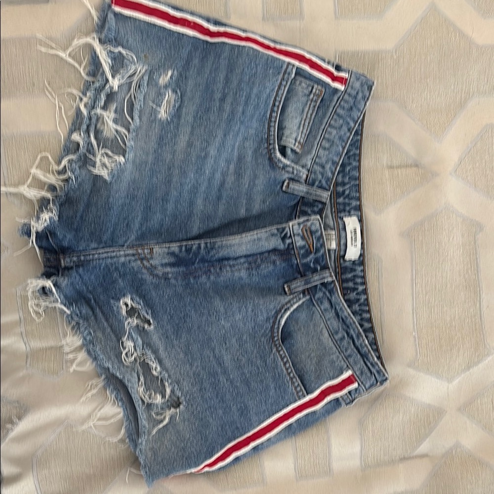Forever 21 Blue Distressed Jean Shorts with Red Stripe